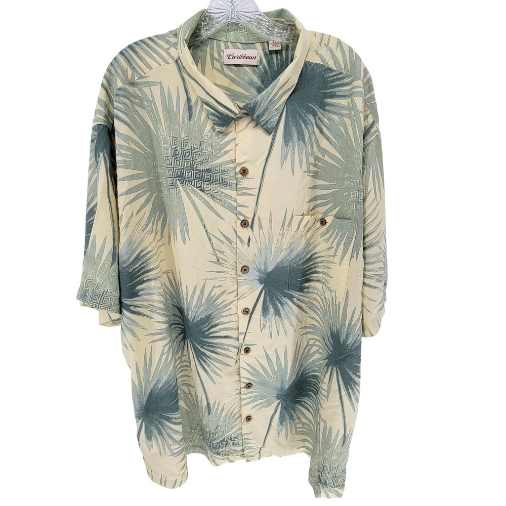 Caribbean Mens 3X Tropical Palm Leaf Print Rayon Short Sleeve Button Down Shirt